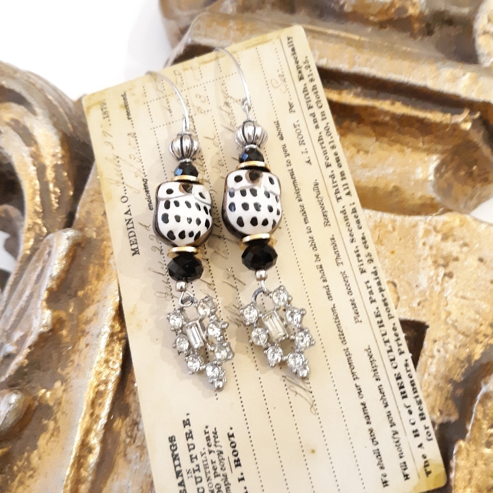 Ceramic Owl & Vintage Rhinestone Drop Earrings NWT